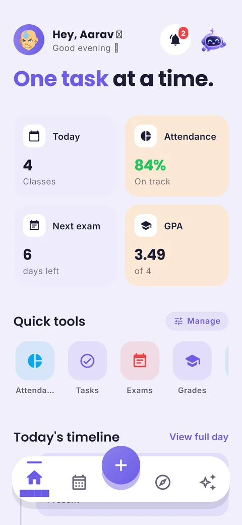 ClassTrack home screen with today, next exam and quick tools