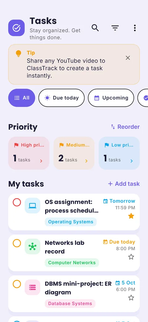 ClassTrack tasks list grouped by due date